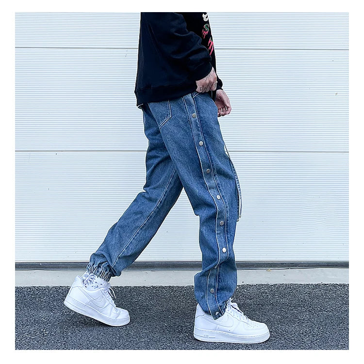 washed distressed denim sweatpant cashew flower patchwork oversized splice buckle jogging jeans casual button baggy men clothing unique joggers style 3358