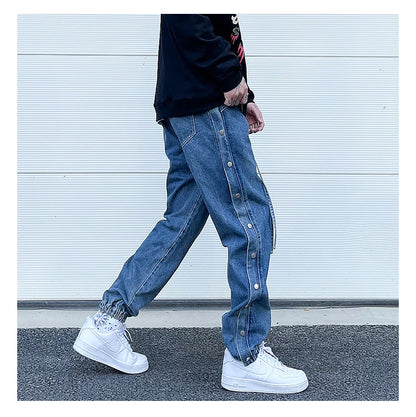 washed distressed denim sweatpant cashew flower patchwork oversized splice buckle jogging jeans casual button baggy men clothing unique joggers style 3358