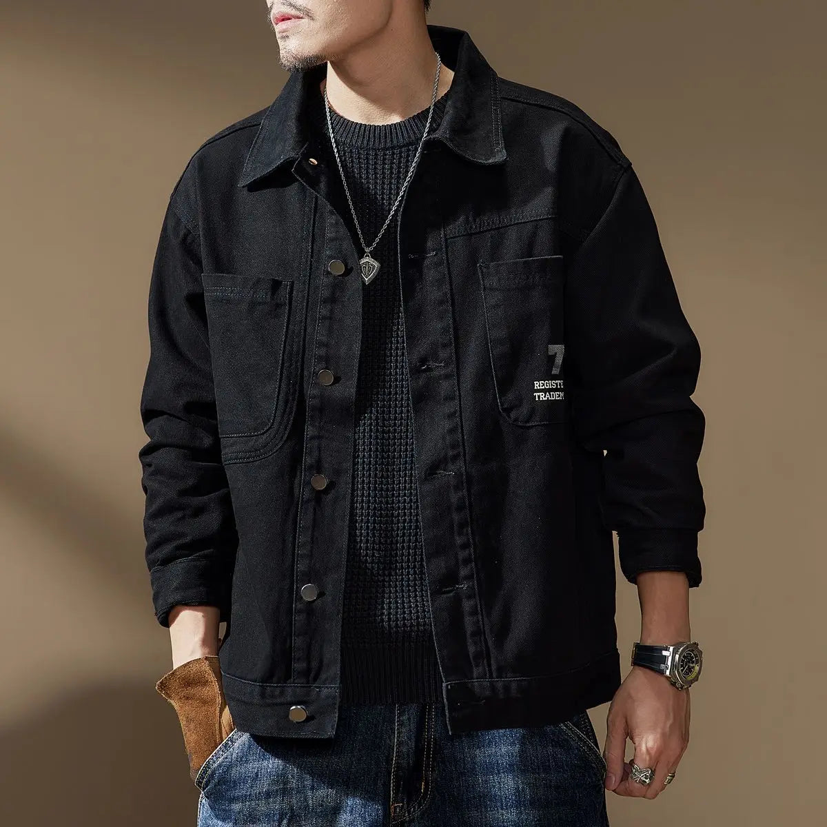 american retro workwear jacket for boys loose spring and autumn high street japanese style khaki casual trendy denim jacket tops unique jeans style 4885
