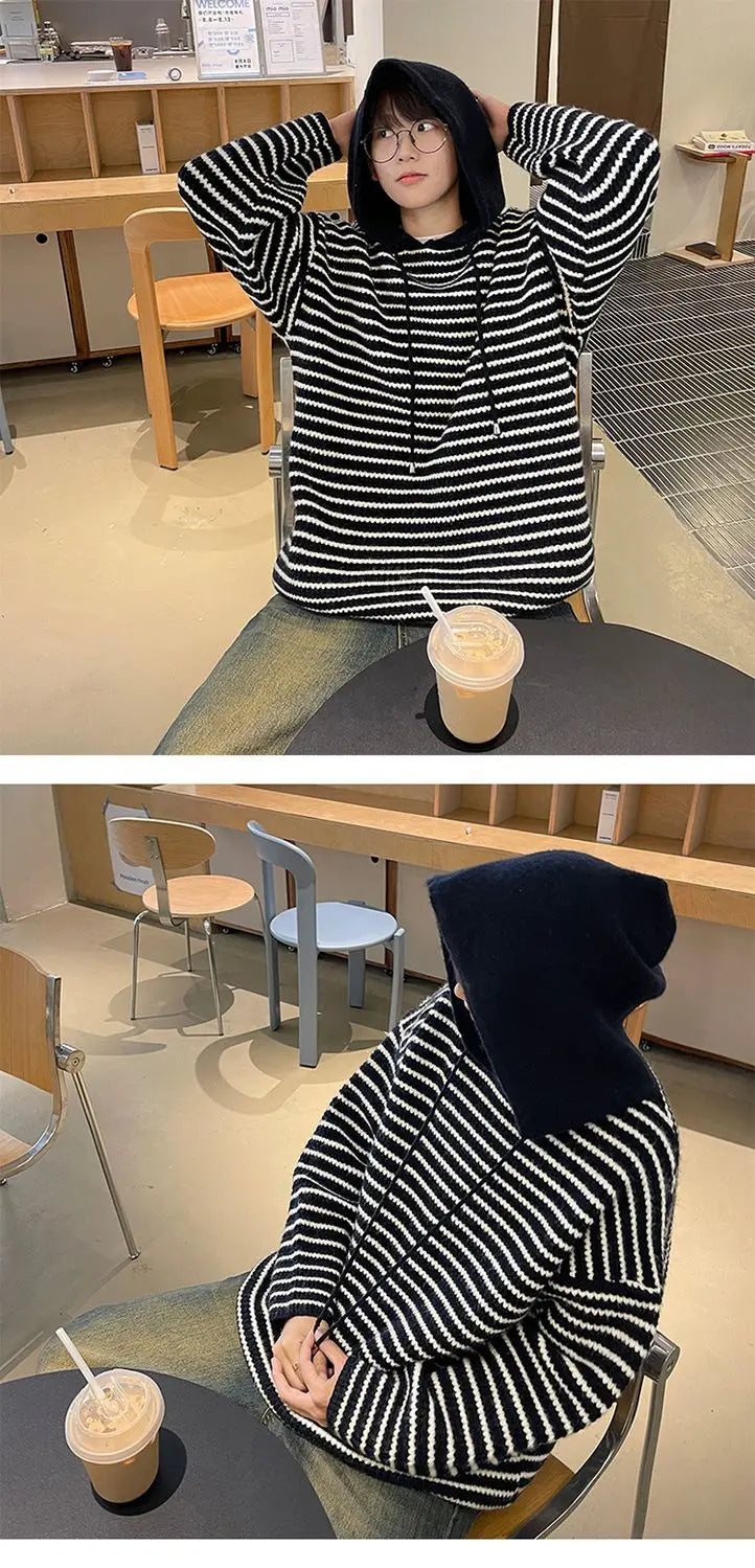 Y2K Striped hooded sweater for men and women autumn and winter American retro trend couple lazy loose and casual knitted top Street King Limited