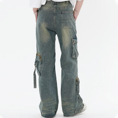 Men Baggy Straight Jeans Y2k Vintage Multiple Pockets Cargo Pants Japanese Streetwear Hip Hop Fashion Denim Trousers Unisex Street King Limited