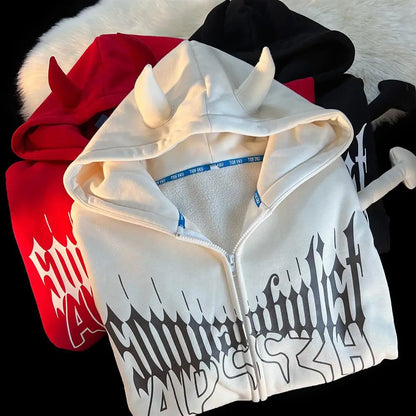 Y2K Kawaii Devil Horn Tail Hip Hop Badge Print Hoodies Cardigan Couples Street Loose Casual Zip Up Sweatshirt Harajuku Clothes Street King Limited