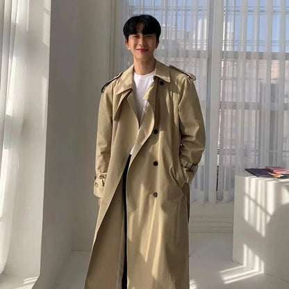 Khaki Black Trench Coat Men Fashion Autumn Oversized Long Coat Men Korean Loose Windbreaker Jacket Mens Overcoat M-2XL Street King Limited