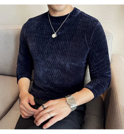 Autumn Winter Semi-turtleneck Stretch Slim Fit Long Sleeve Tshirt Men Thicken Velvet Jacquard Casual T-shirt Bottom T Shirt Street King Limited