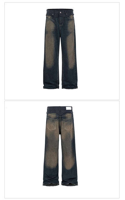 men vintage blue jeans luxury designer patchwork baggy denim pants loose straight jeans trousers unique jeans style 4480