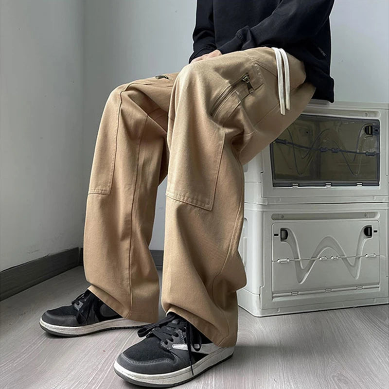 new korean fashion cargo straight pants for men autumn casual zipper pocket drawstring trousers classic tactical y2k pantalones 1 unique cargo style 235