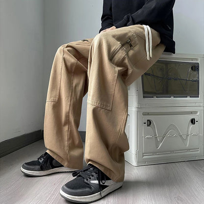 new korean fashion cargo straight pants for men autumn casual zipper pocket drawstring trousers classic tactical y2k pantalones 1 unique cargo style 235