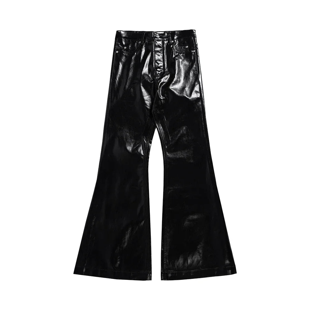 high street wide leg glossy pu leather pants sashes boot cut men and wome straight baggy casual jeans oversized flared trousers stacked flare jeans