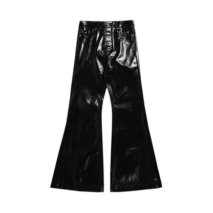 high street wide leg glossy pu leather pants sashes boot cut men and wome straight baggy casual jeans oversized flared trousers stacked flare jeans