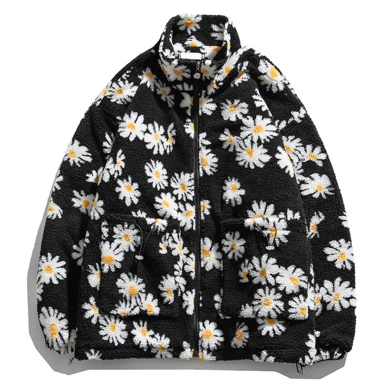 rainbowtouches cotton padded thick parkas jackets streetwear hip hop daisy print fleece warm full zip coats harajuku outwear unique default style 4397