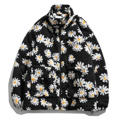 rainbowtouches cotton padded thick parkas jackets streetwear hip hop daisy print fleece warm full zip coats harajuku outwear unique default style 4397