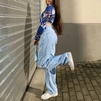 Spring Aesthetic Vintage Blue Tie Dye Elastic Slim Sexy Crop Tops Long Sleeve Hollow V-neck Woman Tshirts Streetwear Hot Girl Street King Limited