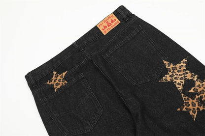 black baggy jeans men star patchwork straight denim pants fashion jeans male streetwear hip hop y2k loose trousers unique jeans style 4901
