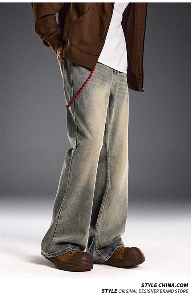 red chain pendant washed vintage jeans men women streetwear fashion hip hop loose casual wide leg denim jeans pants trousers unique jeans style 1434