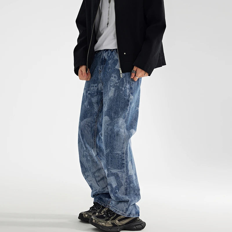 designer human printed denim jeans mens new casual zipper straight hip hop jeans streetwear baggy pants joggers graphic jeans relaxed fit joggers