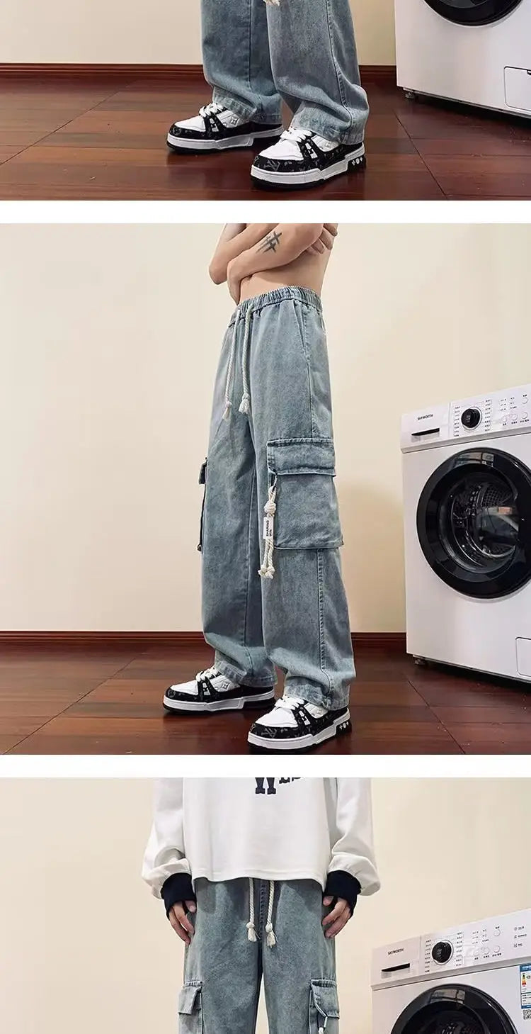 american retro and personalized straight leg jeans for men and women with hiphop big pocket design work pants loose casual pants unique jeans style 755