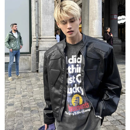 high street motorcycle pu leather jacket men hip hop trend shoulder padded coat street fashion stand collar zipper short outwear casual urban shorts