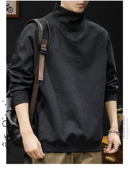 Autumn Suede Turtleneck Long Sleeve Sweatshirts Men Letter Foam Print Patchwork Crewneck Pullover Hoodie Y2K Streetwear Clothes Street King Limited