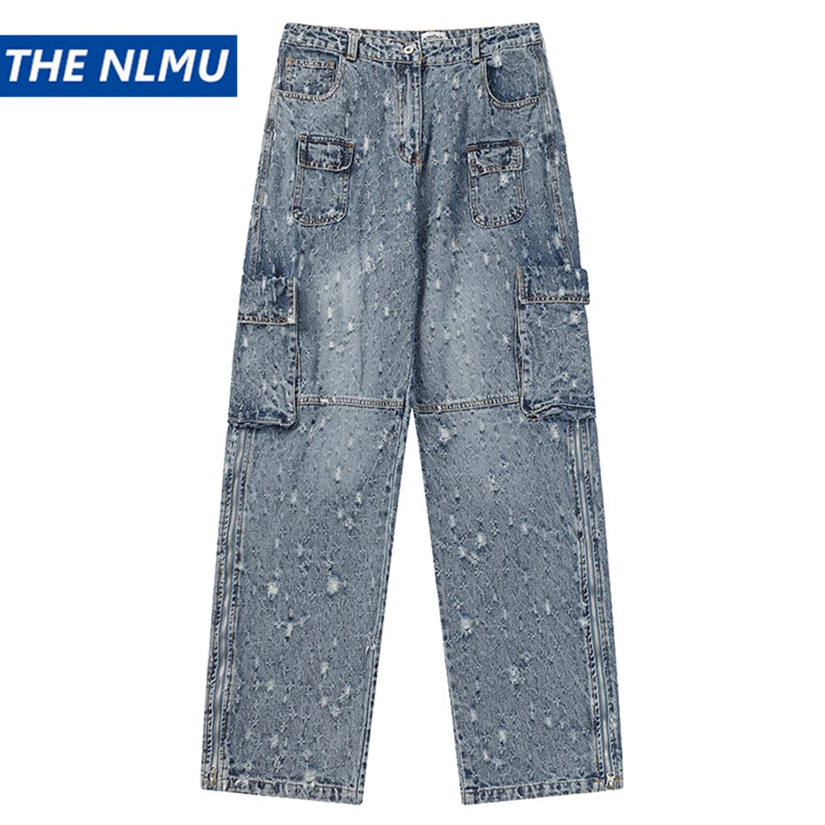 distressed ripped vintage blue baggy jeans men multi pocket cargo jeans casual loose denim pants streetwear harajuku jeans baggy cargo bottoms