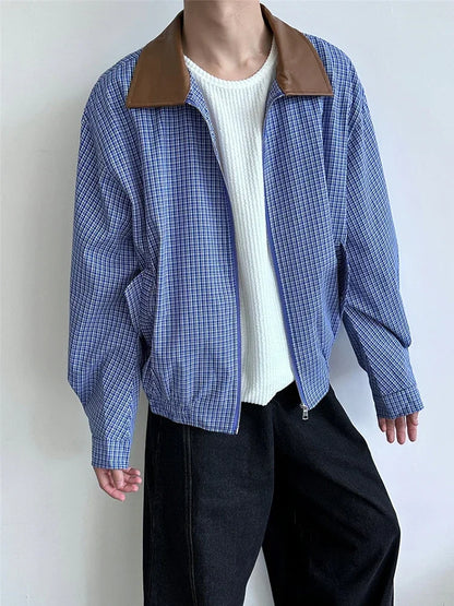 2024 autumn high street plaid jackets for men casual y2k vintage streetwear zipper coats hip hop fashion motorcycle jacket unique default style 1555