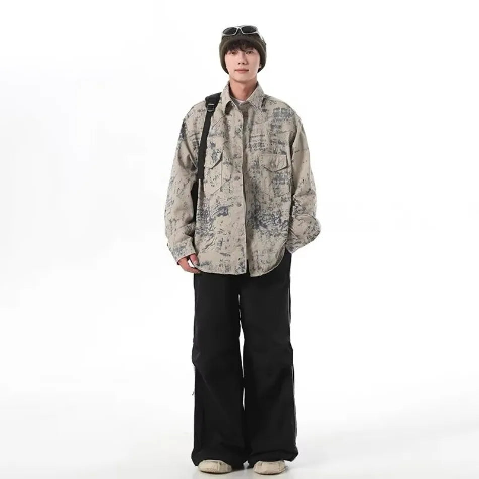 tie dye denim jacket mens new american high street multiple pockets washed cowboy coats fashion lapel loose tooling outwear unique jeans style 3327