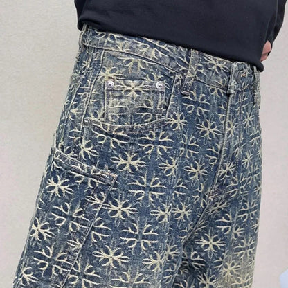 men jacquard loose casual hip hop vibe splice pocket denim baggy jeans pants man streetwear ripped jeans trousers boyfriend unique jeans style 2988