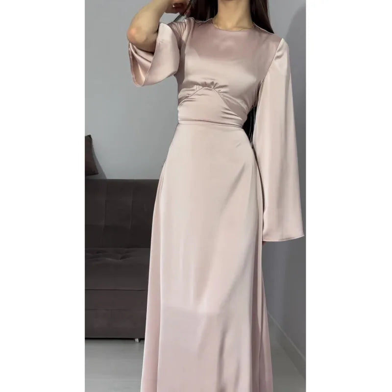 2024 Women Satin Long Dresses Sexy Lace Up Slim Evening Dresses Simple Round Neck Flare Sleeve Birthday Party Dresses For Women Street King Limited