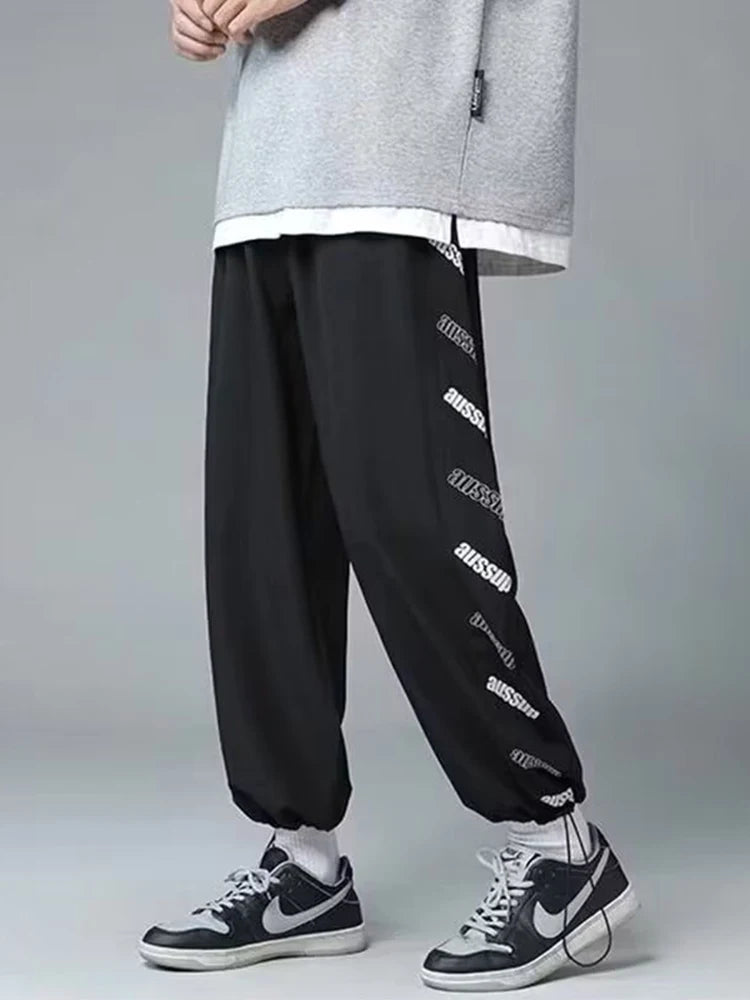 summer side letter printed straight pants mens drawstring sports joggers sweatpants y2k streetwear baggy casual trousers unique joggers style 890