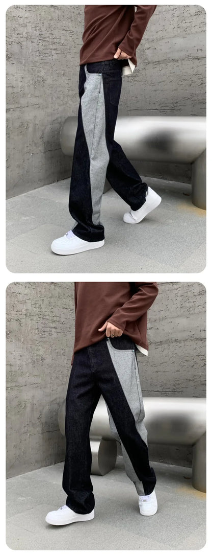 men streetwear splice denim fashion brand hip hop loose casual straight jeans pant cityboy deep blue y2k jeans trousers for men unique jeans style 1771
