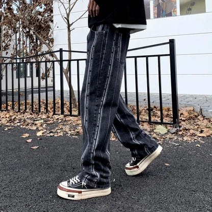 men streetwear brand fashion hip hop loose casual straight stripe motorcycle denim jeans pant cityboy y2k jeans trousers unique jeans style 2389