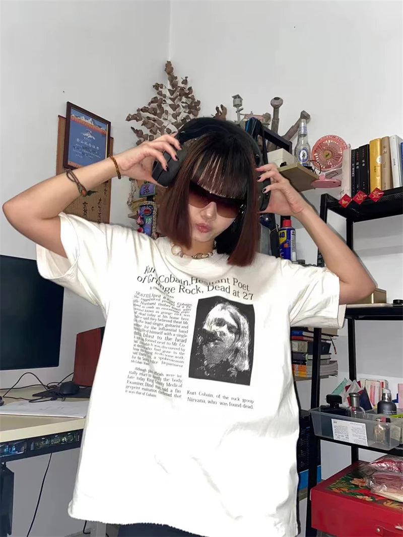 Vintage Band Cobain Portrait Print Heavyweight Short Sleeve High Street Casual Loose Cotton 90S Rock T-shirt High-quality Tops Street King Limited