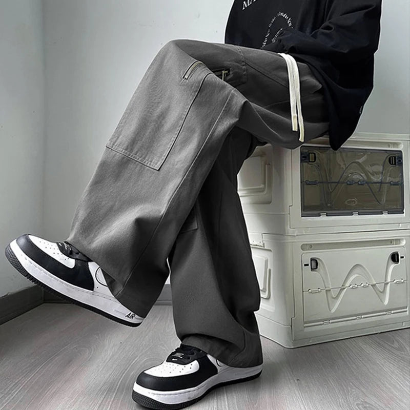 new korean fashion cargo straight pants for men autumn casual zipper pocket drawstring trousers classic tactical y2k pantalones 1 unique cargo style 229