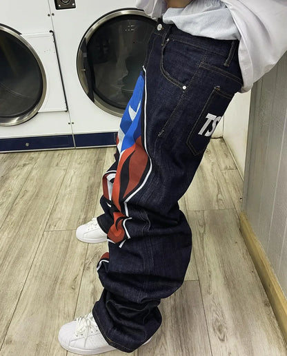harajuku retro y2k pants gothic skateboard jeans skull denim print loose slouchy jeans men women pants streetwear hip hop jeans unique jeans style 4000