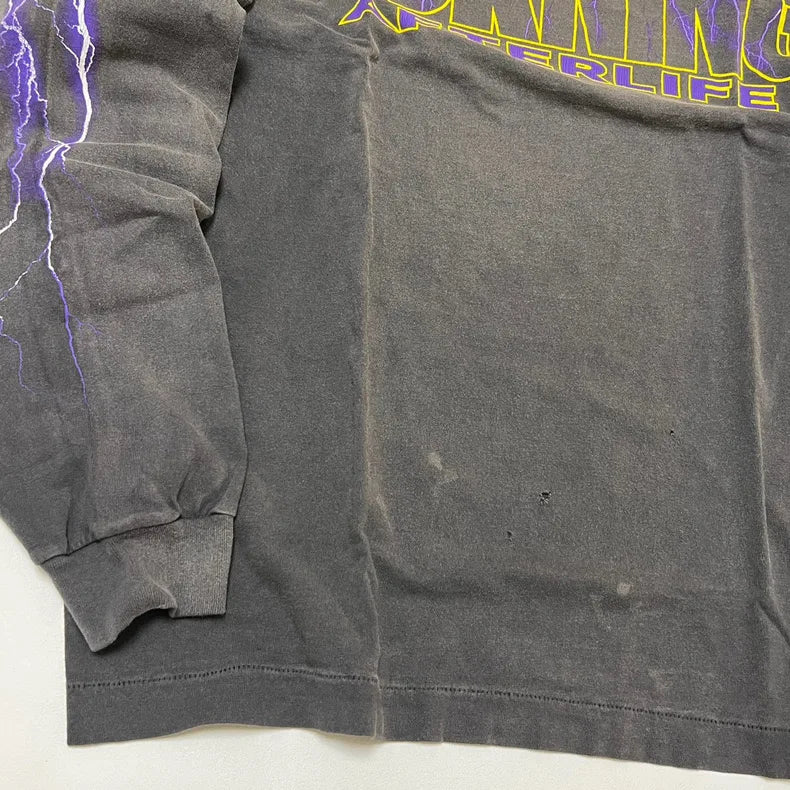 2024 Summer Retro Vintage EVILSPIRIT Thunder Print Washed Old High-Street Cotton Loose Long Sleeve T-Shirt Pullover  For Men Street King Limited