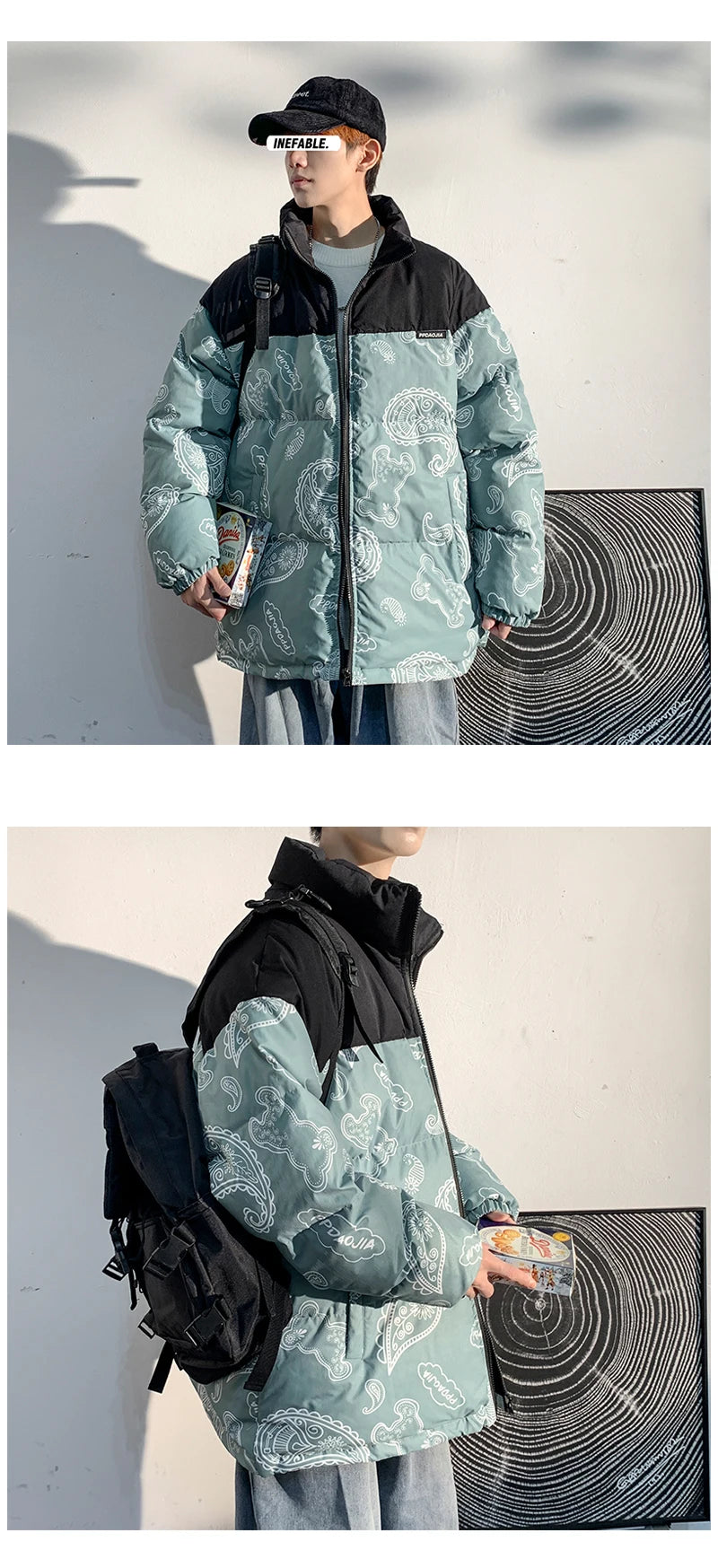 Men Japanese Streetwear Puffer Jackets 2023 Winter Mens Full Print Fashions Bubble Coat Couple Patchwork Thick Parkas Street King Limited