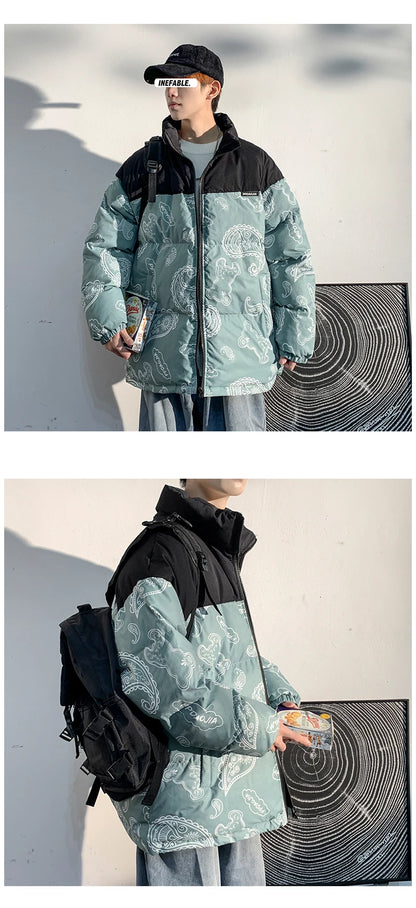 Men Japanese Streetwear Puffer Jackets 2023 Winter Mens Full Print Fashions Bubble Coat Couple Patchwork Thick Parkas Street King Limited