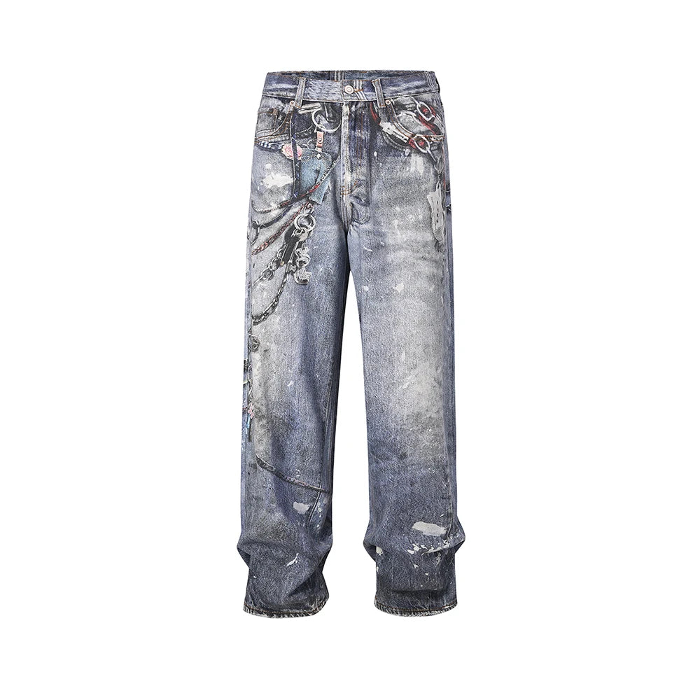 high street chain print frayed washed baggy jeans for men and women y2k casual loose denim trousers ropa hombre casual pants vintage washed jeans