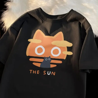 Summer Japanese Cartoon Anime Cat Short Sleeved Pure Cotton Short Sleeved T-shirt Loose and Versatile Cute Student Girl Top Street King Limited