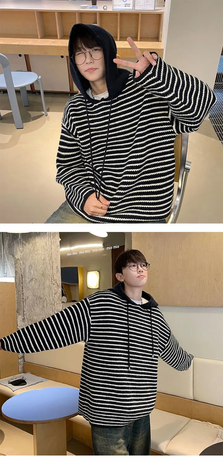 Y2K Striped hooded sweater for men and women autumn and winter American retro trend couple lazy loose and casual knitted top Street King Limited