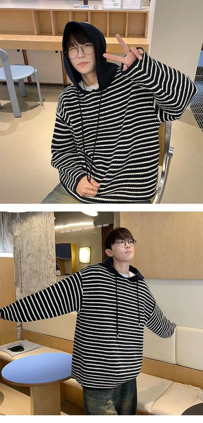 Y2K Striped hooded sweater for men and women autumn and winter American retro trend couple lazy loose and casual knitted top Street King Limited