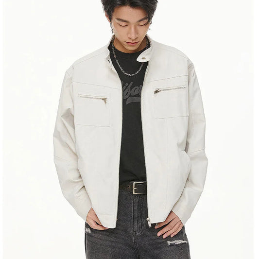 men retro casual stand collar streetwear fashion loose lightweight short motorcycle jacket women spring autumn coat outerwear techwear shorts