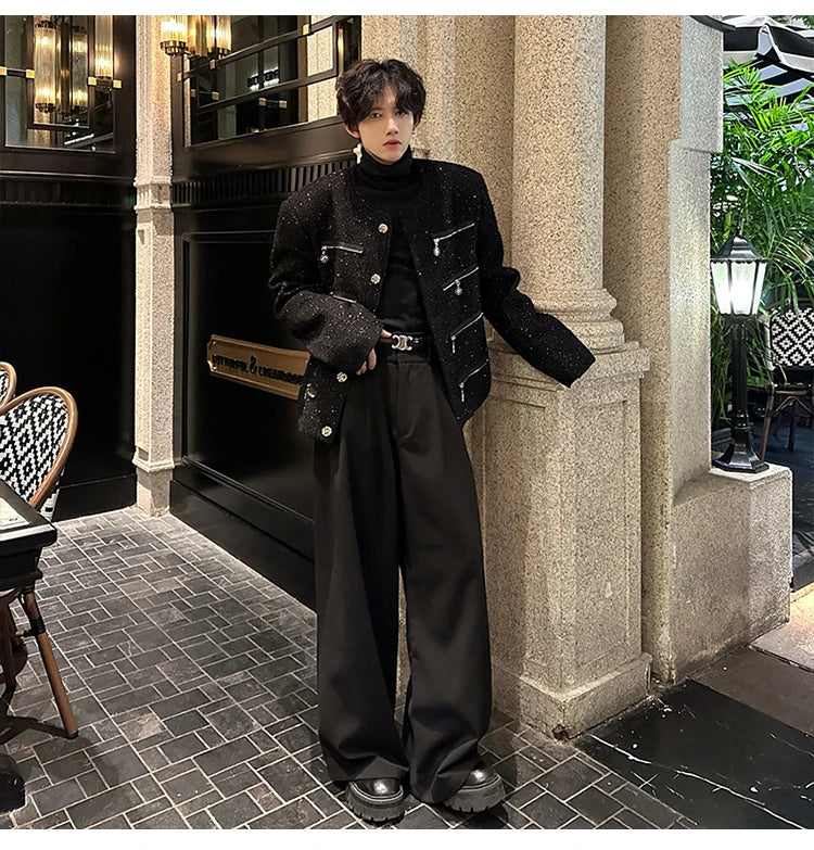 multi zipper sequin woolen jacket men french retro fashionable casual christmas jacket spring autumn coat stage show clothing unique default style 1446