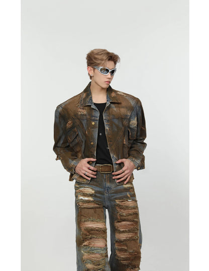 2 pieces sets mens dirty graffiti wide shouder denim jeans jacket coat and ripped holes wide legs pants joggers streetwear sets unique joggers style 3545