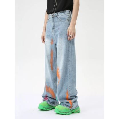 vintage graffiti baggy jeans mens streetwear hip hop loose blue denim pants hi street luxury designer jeans trousers man vintage washed jeans