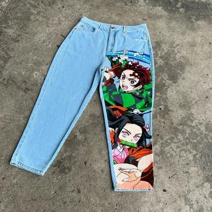 harajuku high street y2k baggy jeans punk popular print wide leg denim pants jeans streetwear trouser men clothing unique jeans style 1977