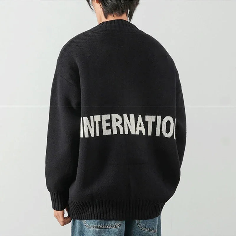 Autumn Solid Solor Zipper Cardigan For Men Letter Printed Crewneck Knitted Sweater Casual Loose Pull Homme Knitwear Jackets Street King Limited