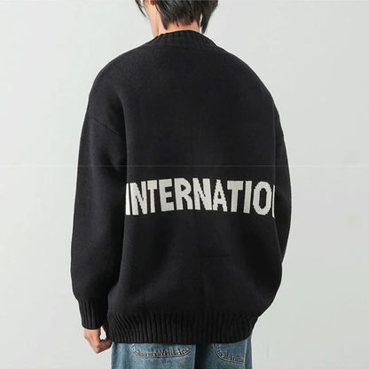 Autumn Solid Solor Zipper Cardigan For Men Letter Printed Crewneck Knitted Sweater Casual Loose Pull Homme Knitwear Jackets Street King Limited
