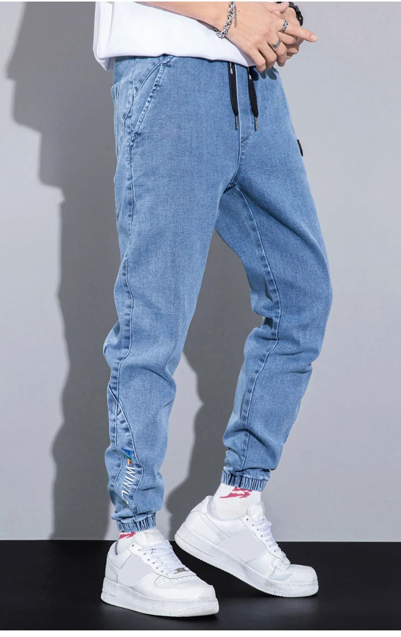 rainbowtouches autumn winter blue cargo jeans men streetwear denim jogger pants baggy harem jean trousers male oversize large unique joggers style 3371