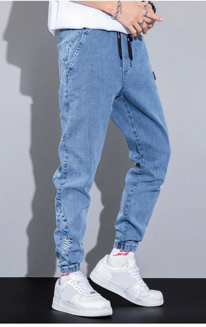 rainbowtouches autumn winter blue cargo jeans men streetwear denim jogger pants baggy harem jean trousers male oversize large unique joggers style 3371
