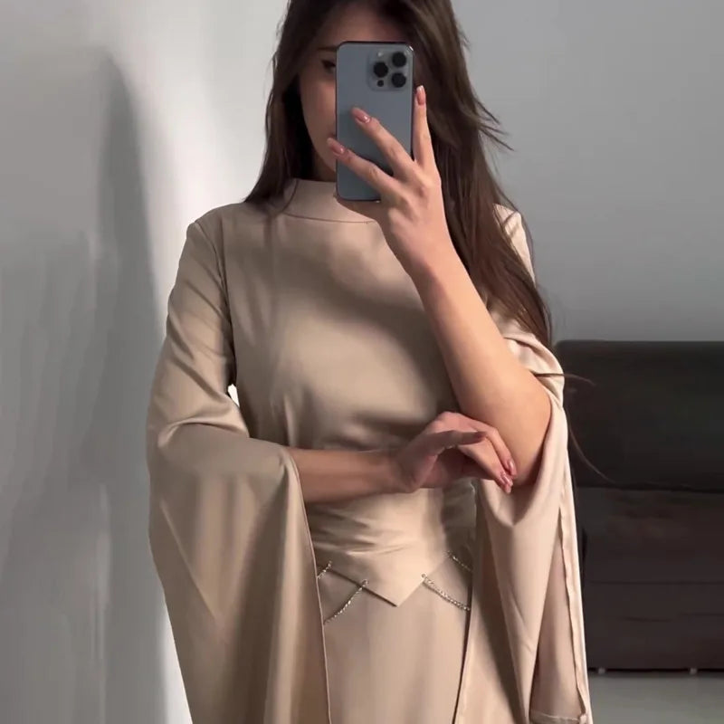 Elegant Lady Long Satin Dress Half High Collar Flare Sleeves Party Bodycon Dress Streetwear Solid Slim Evening Dresses For Women Street King Limited